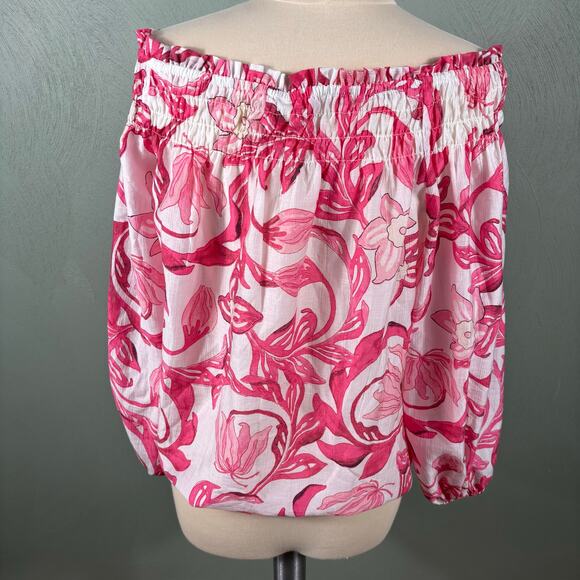 H&M Women's Size Medium Pink Floral Summer Tropical Off Shoulder Tube Blouse Top - Picture 9 of 10